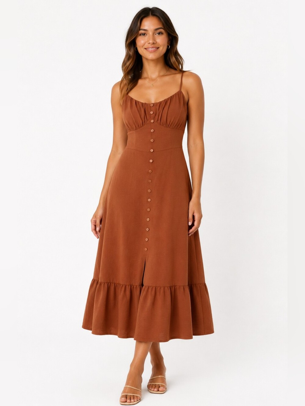 NWT No Boundaries Rust Brown Midi Button-Front Spaghetti Strap Dress